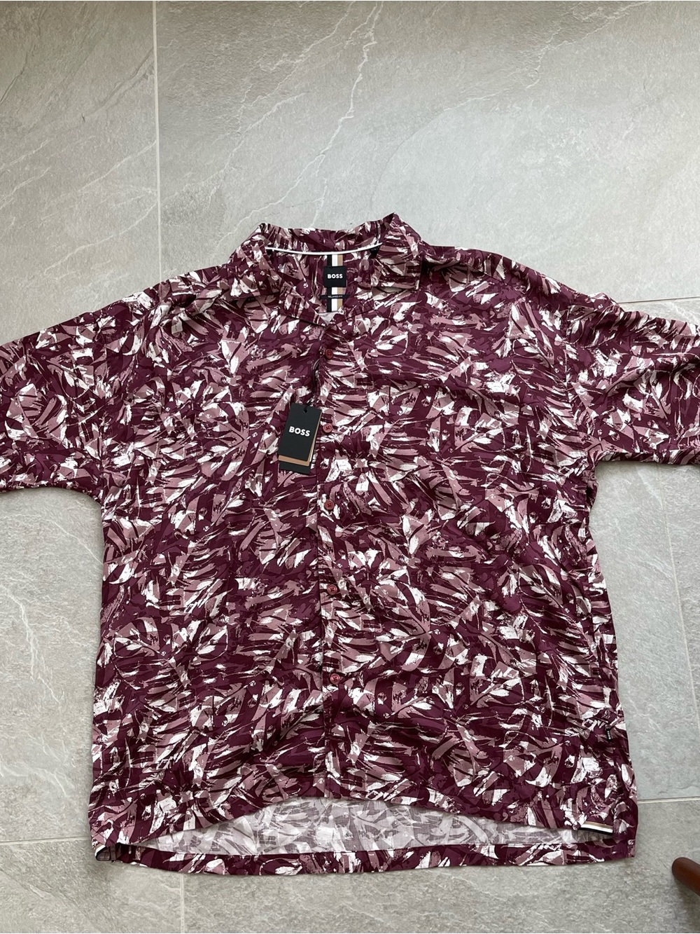 Hugo Boss Burgundy and White Abstract Leaf Print Button-Down Summer Shirt